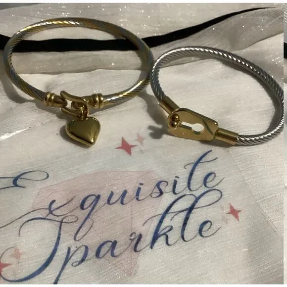 🗝️🖤•Industrial Chic Multi Tone Cable Bracelet Set – Gold Lock & Heart Charm - Picture 7 of 12